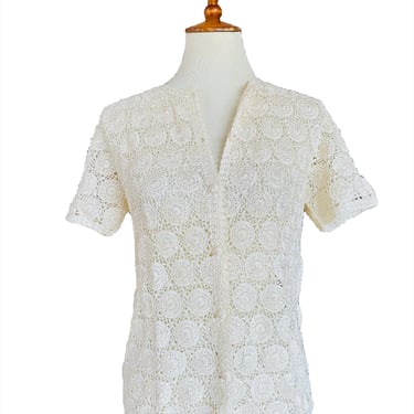 Vintage Ivory Hand Crochet Button Down Knit Top