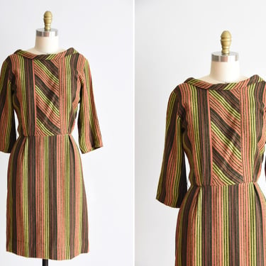 1950s Citrus Garden dress/ vintage 50s wool dress / wool stripe daydress 