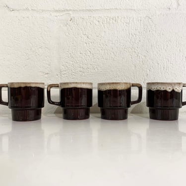 Vintage Brown Mug Set of 4 Mugs Redware Drip Glaze Mid Century Modern Coffee Tea Japan Stacking Cups Ceramic Kitsch 1970s 