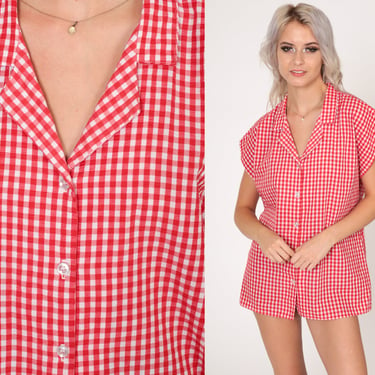 Gingham Top 70s Blouse Red White Checkered Print Button up Shirt Cap Sleeve Retro Preppy Summer Collared V Neck Vintage 1970s Large 