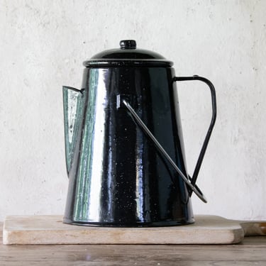 Black Enamel Coffee Pot, Vintage Black Speckled Pitcher 