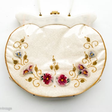 1950s Creme Flower Needlepoint Handbag | 50s Flower Purse & Lucite Handles  | 50s Under Glass Purse | Rockabilly | Pin Up | Claire Fashions 