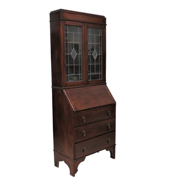 Solid Wood Desk | Antique English Drop Front Secretary With Leaded Glass Bookcase Topper 