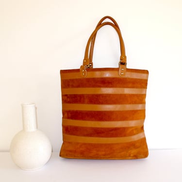 1960s Rust Suede and Leather Striped Tote Bag Purse - Vintage Top Handle Laptop Bag 