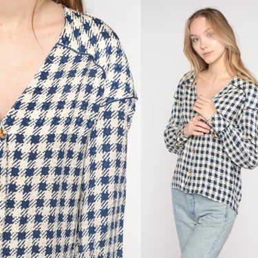 Silk Houndstooth Blouse 80s Button Up Shirt Boho Long Sleeve Secretary Top V Neck Preppy Girly Summer Top Blue White Vintage 1980s Small S 4 