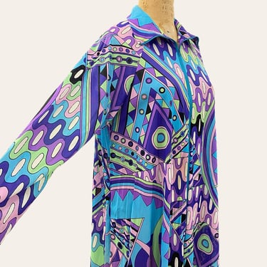 Vintage Pucci Style Cover Up Retro 1960s Mid Century Modern + No Size + MOD + Psychadelic + MCM Dressing Gown + L/S Dress + Womens Fashion 