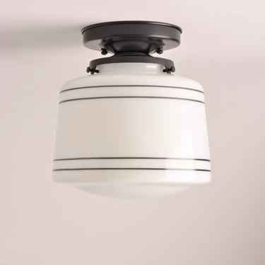 Hand Painted Lines - Schoolhouse White Drum Flush Mount Light Fixture ** handblown glass, made in the USA ** 