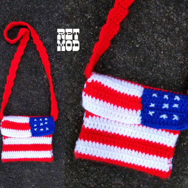 Vintage Red White Blue Amercian Flag Crocheted Mini Purse 