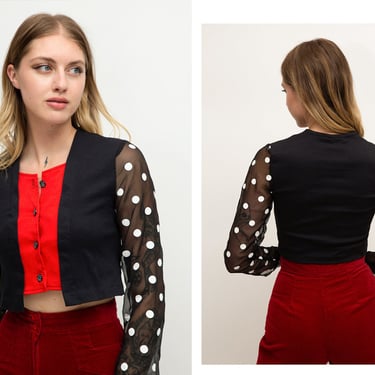 Vintage 1980s 80s Sheer Polka Dot Asymmetrical Abstract Button Up Cropped Blouse Top // Beetlejuice Retro 