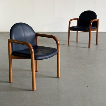 1 of 2 Mid-Century Modern Armchairs in Dark Blue Leather Upholstery and Lacquered Wood Frames 