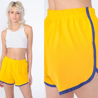 70s Ringer Shorts Yellow Purple Gym Shorts Retro Track Shorts Jogging Running Dolphin Shorts High Elastic Waist Vintage 1970s Small Medium 