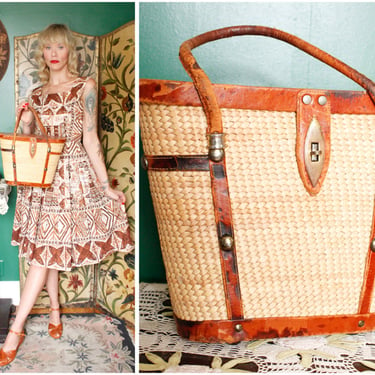 1950s Handbag // Summer Straw and Leather Handbag // vintage 50s purse 