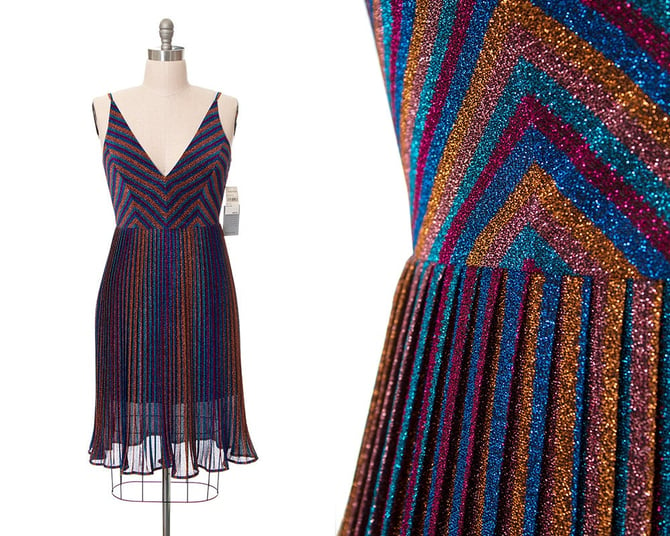 Vintage 1970s Style Party Dress | Modern DRESS THE POPULATION Metallic Striped Rainbow Pleated Skirt Spaghetti Strap Evening Dress (medium) 