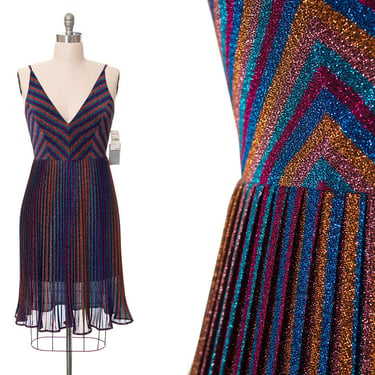 Vintage 1970s Style Party Dress | Modern DRESS THE POPULATION Metallic Striped Rainbow Pleated Skirt Spaghetti Strap Evening Dress (medium) 