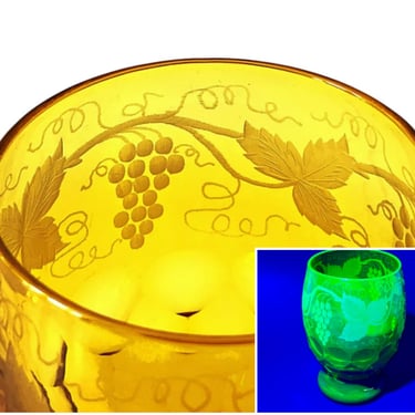 Vintage uranium glass tumbler by John Walsh. Large etched amber vaseline drinking glass, 20 oz goblet for beer, water and icy drinks 