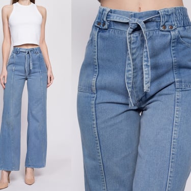 70s High Waisted Tie Front Jeans - Small, 25"-26" | Vintage Light Wash Denim Boho Wide Flared Leg Jeans 