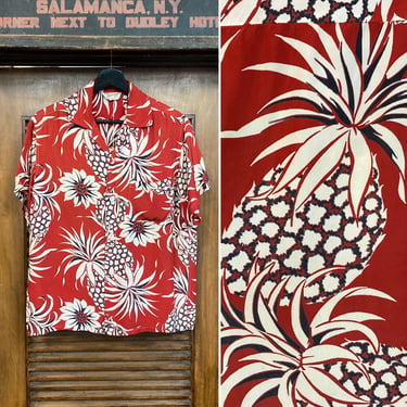Vintage 1950’s Atomic Pineapple Rayon Loop Collar Hawaiian Shirt, 50’s Vintage Clothing 