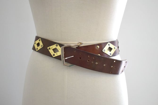 1970s/80s Brown Leather Belt with Metal Diamonds 
