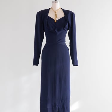 Glamorous 1940's Navy Rayon Evening Dress By Mildred Moore Beverly Hills / Small