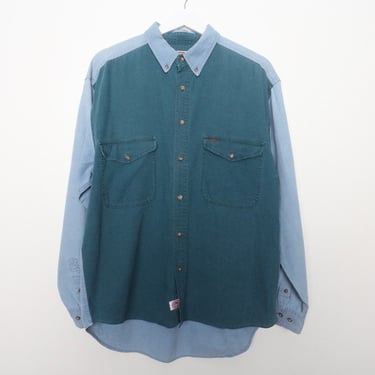 vintage 1990s denim COLOR BLOCK 90s fresh prince 90s streetwear oversize button down shirt 