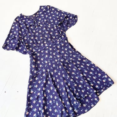 1930s Blue Floral Print Dress 