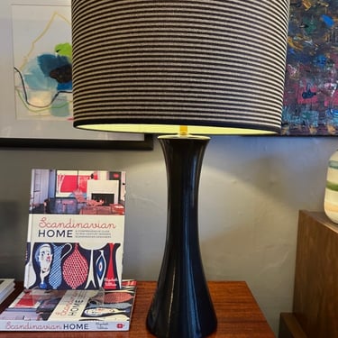 Mid Century Black Ceramic Lamp with Striped Shade