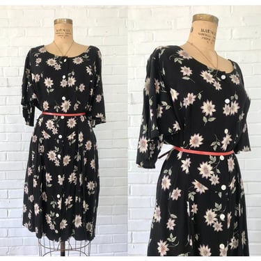 1990's Breezy Black Floral Button Up Dress 