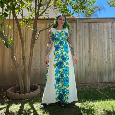 Vintage 1970’s Blue Floral Hawaiian Maxi Dress 