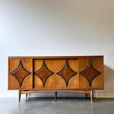 Vintage mid century atomic diamond front walnut credenza 