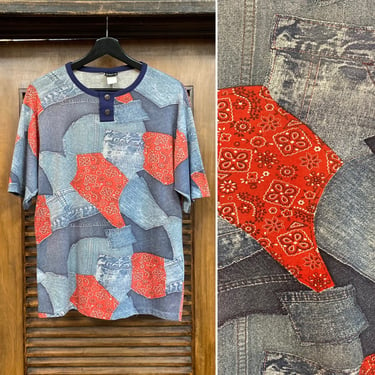 Vintage 1970’s Patchwork Denim x Bandana Print Pop Art T Shirt, 70’s Henley Shirt, Vintage Tee Shirt, Vintage Clothing 