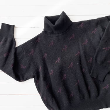 black wool sweater | 80s vintage Tricots St. Raphael bird quail pattern dark academia cropped turtleneck warm sweater 