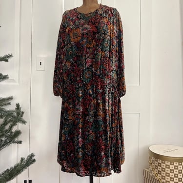 Antique 1920s Rainbow Floral Burnout Devore Silk Velvet Dress LongSleeve Vintage