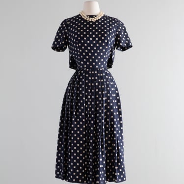 Classic 1950's Navy Polka Dot Silk Dress With Couture Details / XS