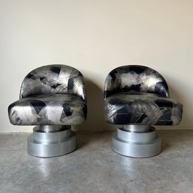 80's Karl Springer - Style Postmodern Swivel Lounge Chairs - a Pair 
