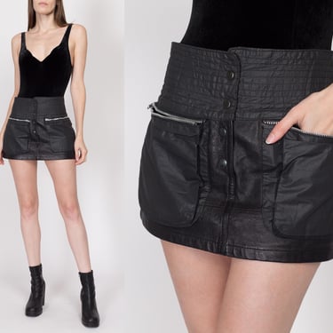 Small 90s Black Leather Windbreaker Pocket Mini Skirt | Vintage Mid Rise A Line Punk Miniskirt 