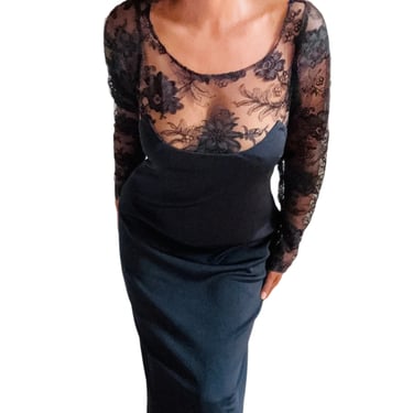 Vintage Loris Azzaro Black Jersey Dress w/Lace Accents
