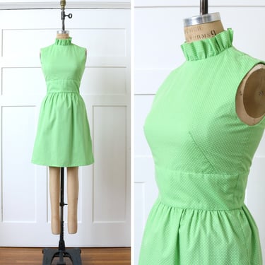vintage 1960s bright lime green mod dress • swiss dot sleeveless minidress with ruffled collar 