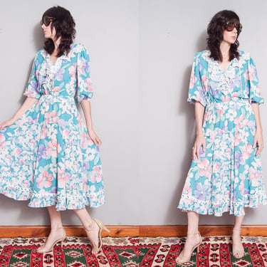 Vintage 1980's | Assorti by Susan Freis | Floral | Ruffled | Midi | Dress | M 