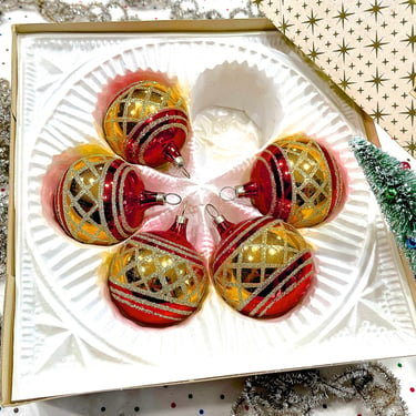 VINTAGE: West Germany Mercury Glass Ornaments in Box - 5pcs - Made in Germany - Holiday Christmas Xmas Decorations 