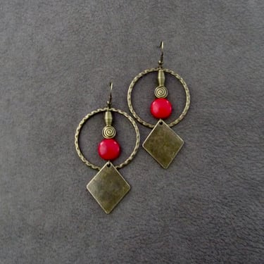 Hammered bronze hoop earrings, mid century modern earrings, Bohemian boho earrings, red stone, unique artisan earrings, mid century 