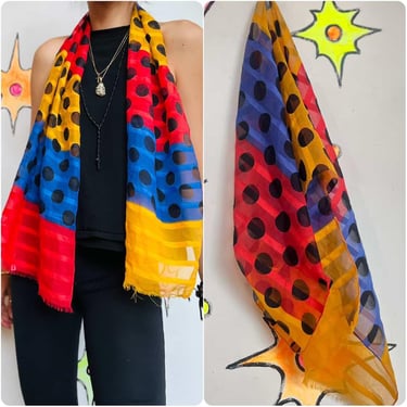 Vintage Black Polka Dot Rainbow Sheer Scarf – Silky Clowncore Accessory 