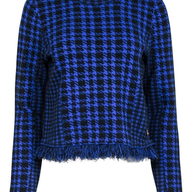 Milly - Blue & Black Houndstooth Sweater w/ Fringe Trim Sz L