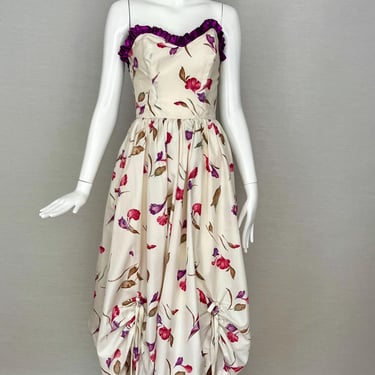 The Flora Gown, 1970s Strapless Flower Print Bridal Gown 