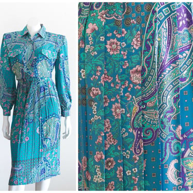 1980s Paisley Print Dress with Pleated Skirt 