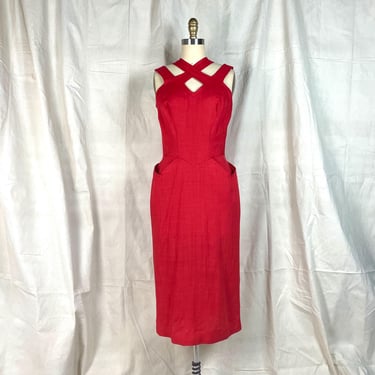 Vintage 1950s Cocktail Dress Lipstick Red Irish Linen Wiggle Cage Neckline 