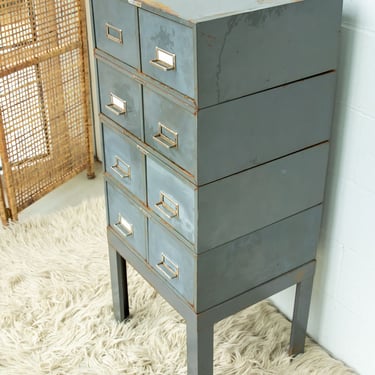 Silver Steel Industrial Index Card File Cabinet with 8 Drawers and 4 Segments 