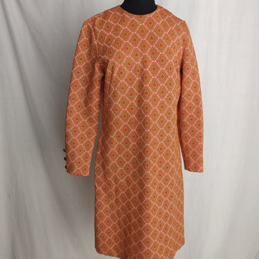 Vintage 60s 70s Miss Couture Orange Print Mod Dress // Sheath Dress with Long Sleeves 