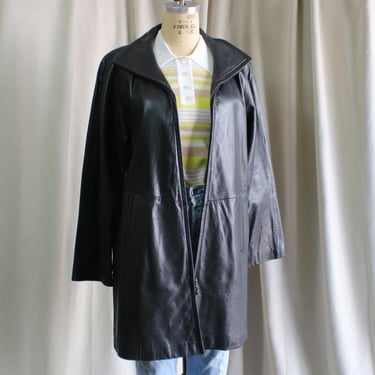 Black Leather Jacket / 90's Leather Jacket / High Neck Coat / Women's Medium 