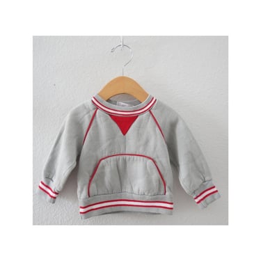 Vintage Baby Boy Sweatshirt - Soft Fleece Pullover Boys Sweater Top - Gray White Red - Size 9 - 12 Months 