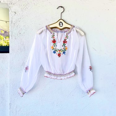 Vintage 1920s 1930s 30s Hungarian Embroidered Peasant Top Floral Folk Shirt 